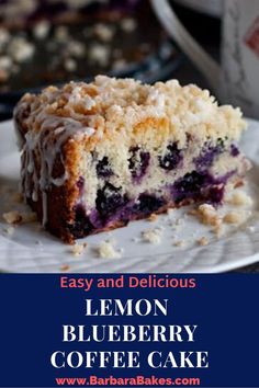 a slice of lemon blueberry coffee cake on a plate