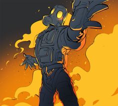 a man in a gas mask holding his hands out to the side with flames behind him