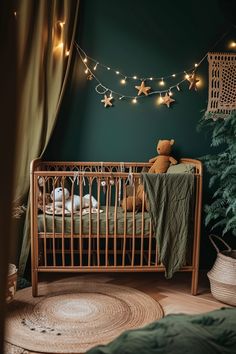 a teddy bear is sitting in a crib with lights strung from the ceiling above it