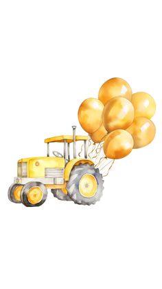 a tractor with balloons attached to the back is flying in the air on a white background