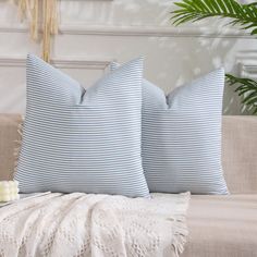 two blue and white pillows sitting on top of a couch next to a potted plant