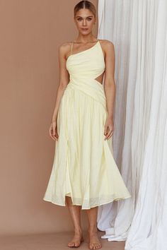 Destination Open Back Midi Dress Lemon by Selfie Leslie Summer One-shoulder Midi Dress For Brunch, Summer Brunch One-shoulder Midi Dress, Spring Brunch Backless Sundress, Chic Backless Midi Dress For Vacation, Solid Backless Maxi Dress For Brunch, Backless Sundress Midi Dress For Day Out, Backless Midi Sundress For Brunch, Backless Midi Sundress For Day Out, Chic Midi-length Backless Dress For Vacation