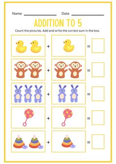 addition to 5 worksheet with pictures and numbers