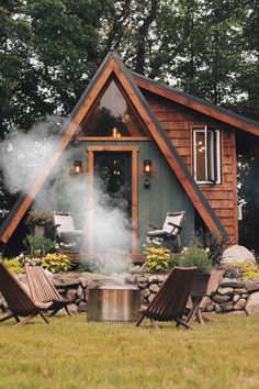 A Frame House Tiny, Modern A Frame Cabin Exterior, Garden Airbnb, Airbnb Cottage, Cabin Bungalow, Camp Exterior, Cottage On A Farm, Farm Airbnb Ideas, A Frame Guest House