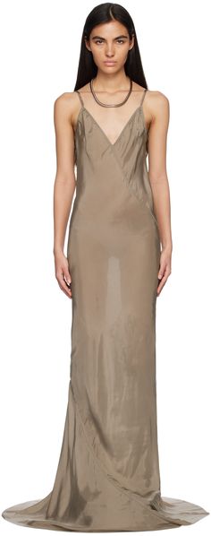 Deadstock organic cupro satin dress. · V-neck · Raw edge at hem Supplier color: Dust Rick Owens Dress, Slip Maxi Dress, Moon Dance, Bias Cut Skirt, Silk Charmeuse, Summer Fashion Outfits, Club Monaco, Rick Owens, All About Fashion