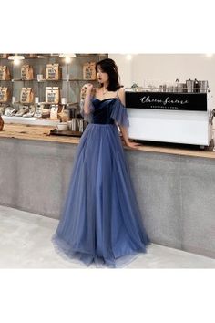 Blue Lace Tulle Fairy Long Sleeves Prom Dress With Collar - $112.89 #AM79062 - SheProm.com Simple Blue Dress Long, Slate Blue Prom Dress, Velvet Tulle Dress, Mint Green Prom Dress, Prom Dress Inspo, Long Blue Dress, Simple Prom Dress, Net Dress, Elegant Prom Dresses