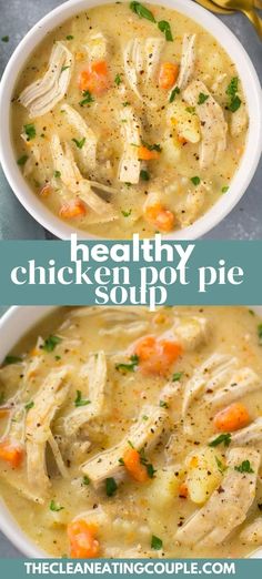 chicken pot pie soup in a white bowl with gold spoons on the side and text overlay that reads healthy chicken pot pie soup