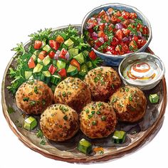 a painting of some food on a plate with vegetables and dip in the bowl next to it