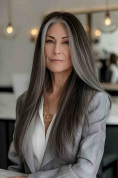 Black To Grey Ombre Hair, Annika Von Holdt, Long Grey Hair, Gray Wigs, Grey Ombre Hair, Long Silver Hair, Grey Hair Wig, Women Haircuts Long, Gray Hair Pixie Cuts