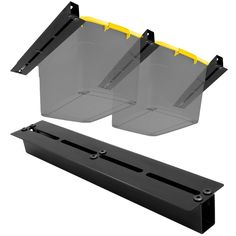 two black plastic bins with yellow handles on each side and the bottom half open