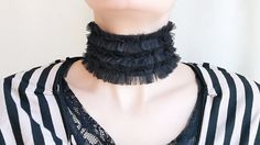 Unique ruff Goth sryle collar with frills in black tulle, easy to accessorize your stage costumes and party outfits or simply for going outs.  If you want to match a beautiful set of cuffs, see the dedicated section here: https://www.etsy.com/shop/Elyseeart?ref=l2-shop-info-avatar§ion_id=11339802 ♥ Materials & Technique: hand-sewn tulle layers, ruffled by hand, the tulle is soft and comfy on skin. It's adjustable with tulle ribbons at the back-see the last photo below. One size fits all! Ready t Alternative Style Black Choker For Party, Alternative Black Choker For Parties, Tulle Collar, Black Vampire, Ruff Collar, Clown Party, Vampire Costume, Stage Costume, Black Tulle