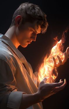 a young man holding out his hands with fire