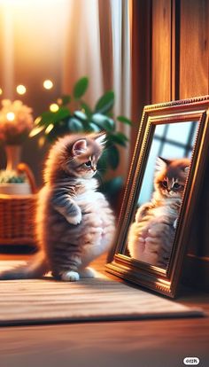 a cat is looking at its reflection in a framed mirror while sitting on the floor