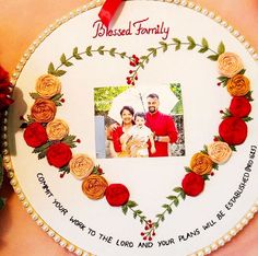 a heart shaped photo frame with roses on it