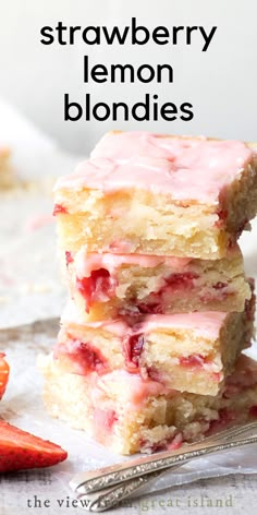 strawberry lemon blondies stacked on top of each other