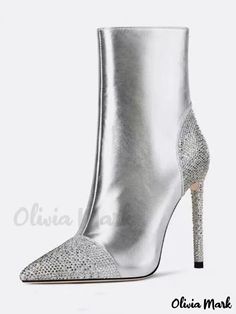 Olivia Mark - Womens Elegant Silver Ankle Boots with Rhinestone Embellishments, Pointed Toe, and Stiletto Heel Style Elegant Chic, Silver Ankle Boots, Rhinestone Embellishments, Silver Heels, Olivia Mark, Stiletto Heel, Stiletto Heels, Embellishments, Ankle Boots