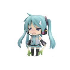 an anime character figurine with blue hair and green eyes, holding a cell phone