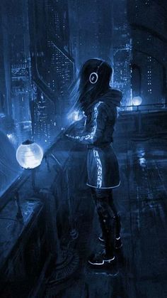 a woman standing in front of a window looking out at the cityscape with lights on