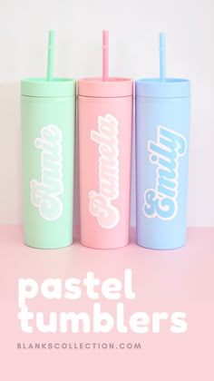 three pastel tumblers with the words pastel tumblers on them