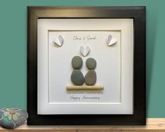 two pebbles sitting on top of a wooden shelf