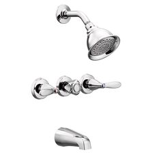 the shower faucet is shown with two handset and hand shower head in chrome