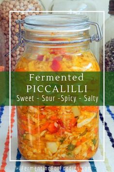 sweet fermented piccalli in a glass jar on a colorful tablecloth