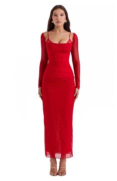 Shaped by rippled ruching, this close-fitting maxi features mesh accents and a lacy neckline. Exclusive retailer Square neck Long sleeves Back slit Lined 85% polyamide, 15% elastane with 100% polyester contrast Dry clean Imported Wine Maxi Dress, Hot Pink Nails, Sleeve Gown, Velvet Midi Dress, Long Sleeve Gown, Red Dress Maxi, House Of Cb, Mesh Long Sleeve, Glam Dresses