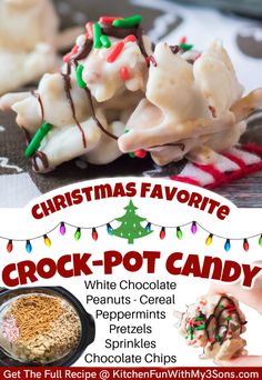 christmas favorite crock - pot candy with white chocolate, peanuts and pretzels sprinkles