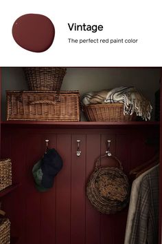 an image of a red painted closet with baskets