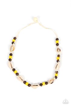 Dainty white cowrie seashells alternate with sections of brown and yellow wooden beads along knotted white cords, resulting in a beach inspired palette below the collar. Features a button loop closure. Sold as one individual necklace. Paparazzi Accessories Jewelry, Yellow Necklace, Bling Necklace, Seashell Necklace, Stretch Bands, Beach Combing, Paparazzi Accessories, Fall Jewelry, Beach Inspired