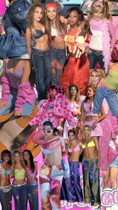 the collage shows many different women in pink and blue outfits, including one woman with her hands on her hips