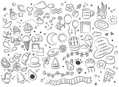 a black and white drawing of many different objects