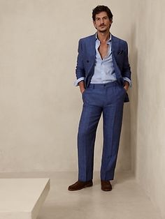 Luxe linen herringbone, with its natural breathability that stays cool and fresh, even in heat and humidity, makes this men's suit pant an ideal selection for wedding suits, dinner dates and more.  We based this double-pleated design on a pleated pan Linen Outfits, Suit Pant, Linen Suit, Men's Suit, Deep Blue, Herringbone, Banana Republic, Suit Jacket, Heat