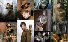 a collage of many different people in the woods, including one with a bow and arrows