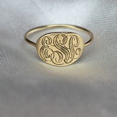 Lovely unmarked 14 karat solid yellow gold initial engraved ring oval center reading initials "ESL" in cursive Size US 5.5, contact prior to purchase for resizing inquiry oval is 8.8mm tall x 11.6mm across back of band is .9mm thick, oval part is .8mm thick weighs 1.2 grams Ships free out of Southern California Senior Rings, Oval Rings, Gold Initial, Engraved Rings, Stackable Rings, Solid Gold, Initials, Jewelry Rings, Monogram