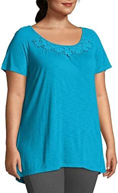 ust My Size Women's Shirt, Plus Size Short-Sleeve Slub Jersey Women's Tunic, JMS Short Sleve Shirt With Crochet Trim
#Womendress #Dresses