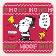 a cartoon santa clause holding a megaphone in front of a fire hydrant with the words woof woof woof on it