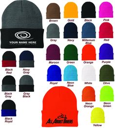 various colors of beanies with your name here or 2 lines written on the front