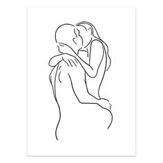 a black and white drawing of two people hugging