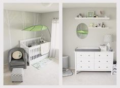 a baby's room is decorated in white and green