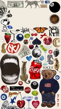 a collage of various stickers and symbols