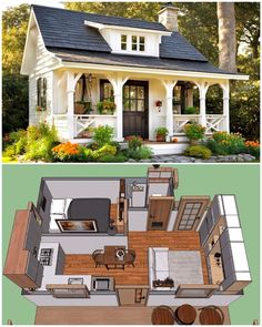 two pictures of small houses with porches and an open floor plan in the middle