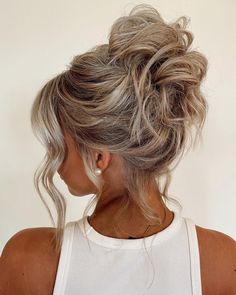 Bridesmaid Updo 2023, All Up Wedding Hair Up Dos, Braidmaids Hairstyles Up, Bridesmaid Hair Up High, Modern Bride Hair Accessories, Beach Wave Updo Wedding, Wedding Guest Updo Medium Length, Fun Wedding Updos, Mother Of Bride Updos For Long Hair