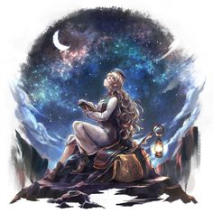 a woman sitting on top of a rock next to a lamp and stars in the sky