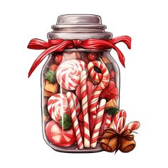 a jar filled with candy canes and candies