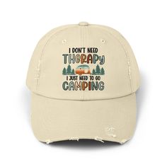 Camping Therapy Baseball Cap for Women & Men Travelers | Distressed Camp Life Hat | RV Travel Trailer Camper Hat | Trendy Fashion Accessories for Him & Her Designed for those who find peace, comfort and solace off-the-grid and under the stars, the meaning behind the quote featured on this distressed hat sums up the unique therapeutic powers that only nature can offer. Wear the ballcap for camping, wear it when traveling in your travel trailer or pop it on to run errands. It's versatile, comfortable and adjustable thanks to a built-in slider adjustment. Know someone who loves living the camp life? Give him or her this cool dad cap as a birthday gift, retirement gift, mental health gift and more. Strong, sturdy and unisex, our ball cap makes the perfect casual hat for women and men. Wear the Camping Hat, Hiking And Camping, Retro Campers, Trendy Fashion Accessories, Camp Life, Hiking Gifts, Gifts For Campers, Camper Life, Dad Cap