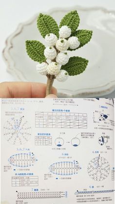 crocheted flowers are displayed in front of a white plate with blue writing on it