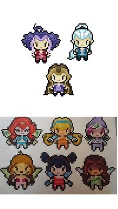 pixel art with different types of characters on the front and back of each character's face