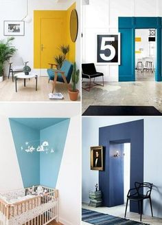 four different rooms with blue, yellow and white walls in them are shown here is a baby's crib next to the door