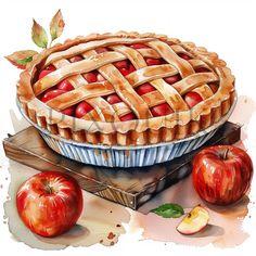 an apple pie and two apples on a table with watercolor paint effect by numbers